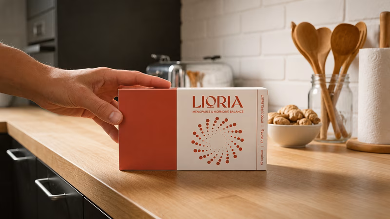Dichtbij-opname van de Lioria-supplementenflacon met een strak etiketontwerp.
